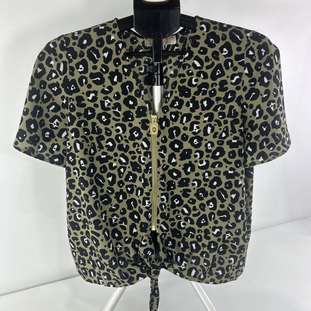 MICHAEL KORS Leopard Print Shirt Women’s Size Med Zipper & Tie, Crop Top